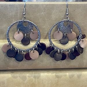 Silver Toned Hoop Earrings with Multicolor Discs 🌺